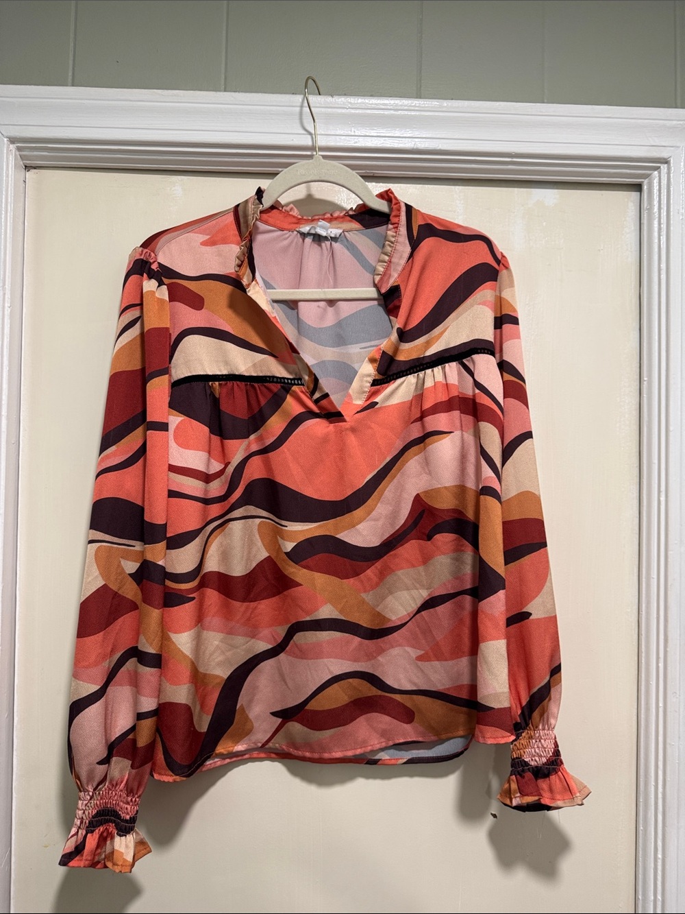 THML Coral Multi-Stripe V-Neck Blouse